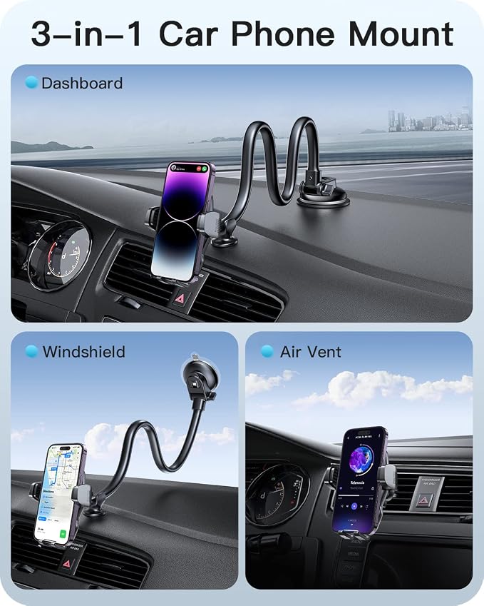 APPS2Car Car Phone Holder Mount Gooseneck Dashboard Windshield Suction Cup Phone Mount Anti-Shake Stabilizer Phone Car Cradle Compatible with All Cellphones & Thick Phone Case-H3S Carbon Fiber Style