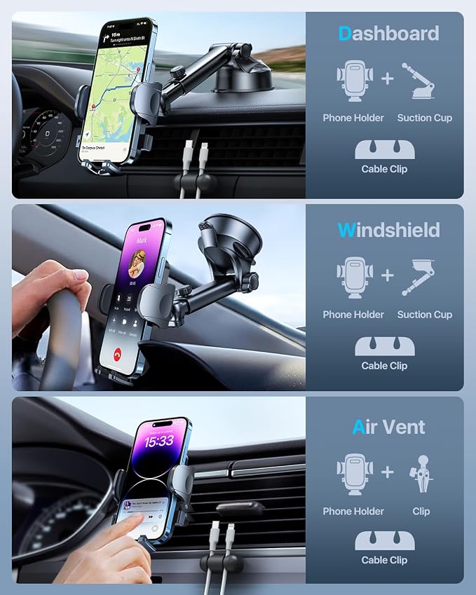 HTU Car Phone Holderใ2026 Upgraded 100+LBS Suction & Safety Certใ Cell Phone Car Mount for Truck Heavy Duty Phone Holder for Dashboard/Windshield/Vent for iPhone 17 16 Pro Max, Green