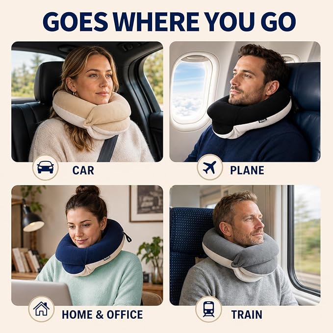 BUYUE Travel Neck Pillows for Airplanes, Memory Foam 360° Head Support Sleep for Long Flight, Skin-Friendly & Breathable, Kit with Eye Mask, Earplugs and Storage Bag (Adult, Green, 90+ lbs)