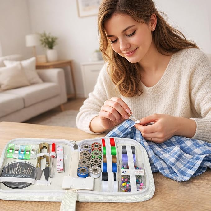 bcooss Sewing Kit for Adults: Portable Sewing Supplies Including Scissors, Threads, Needles, Pearl Pins, Seam Ripper, Tape Measure, Bobbins, Clips - Sewing Machine kit for Beginners Home Travel