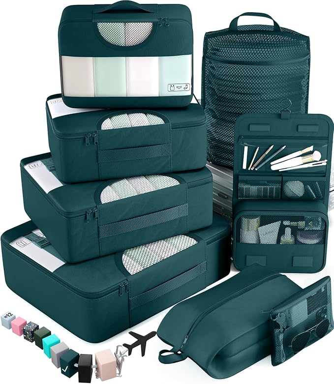 Veken 8 Set Packing Cubes for Travel Essentials,Anti-Wrinkle Buckled Suitcase Organizer for Shoe & Toiletry Bag,Carry On Luggage Bag for Airplane & College Dorm Room Accessories,Women Men Gifts