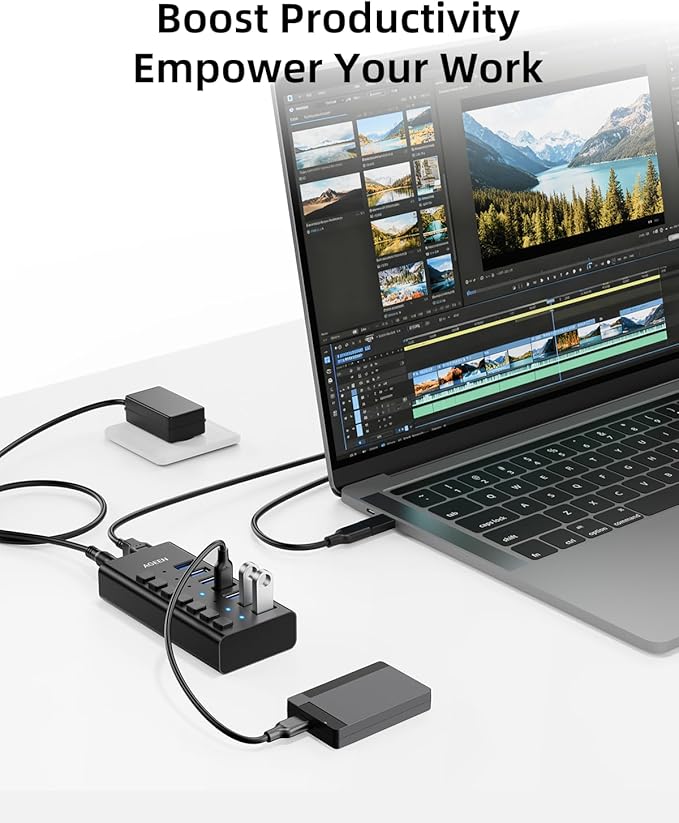 AGEEN 7-Port USB 3.2 Gen 2 Hub, 10Gbps High-Speed Aluminum Powered Hub with 24W Adapter, Individual Switches & Surge Protection for PC/Laptop, Flash Drive, Printer, Camera
