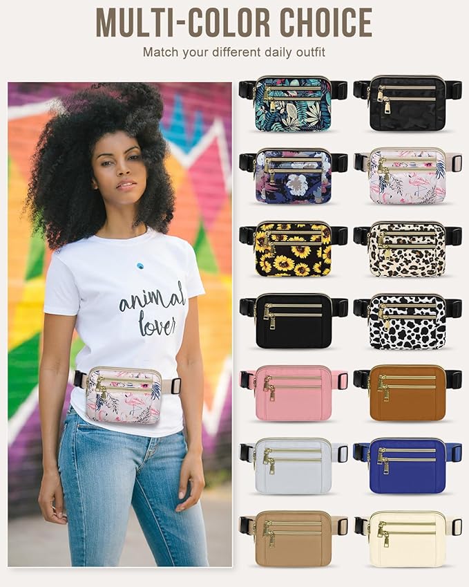 Capolo Fanny Packs for Women Fashion Waist Packs Bag with Adjustable Strap and 4 Zipper Pockets Waterproof Everywhere Crossbody Belt Bag for Workout Running Travelling(Flamingo)