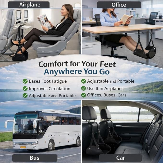 Airplane Foot Hammock for Plane Travel Essentials, Adjustable Foot Rest for Long Flights, Portable Airplane Footrest with Eye Mask & Ear Plugs, 3-in-1 Travel Comfort Kit