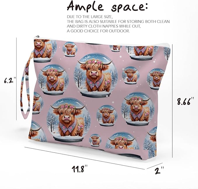 Fokongna Cute Print Wet Bag, Small Portable Waterproof Multi-Functional Organizer for Women, Pink Highland Cow Snow Globe, Ideal for Daily, Beach & Travel