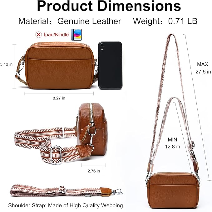 Small Crossbody Bags for Women Genuine Leather, Guitar Strap Shoulder Handbag Purse Camera Bag with Rfid Card Slots, brown