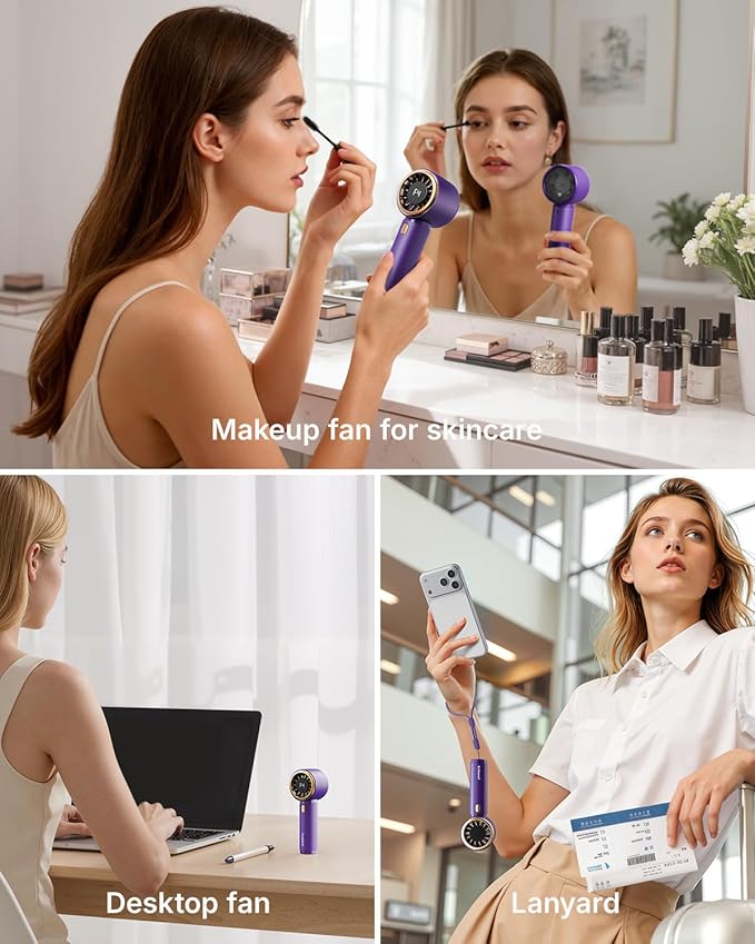 SWEETFULL Mini Fan Portable - Cute Handheld Turbo Fan with Rechargeable Battery, 5 Speeds, Small Hand Personal Travel Essentials for Women, Girls, Kids, Lash, Makeup - Royal Purple
