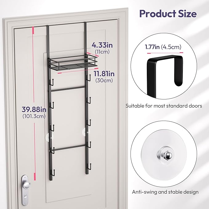 SWTYMIKI Over the Door Purse Organizer - Wall Mounted Handbag Organizer with 10 Hooks and Metal Basket, Hanging Purse Storage Rack Holds up to 10 Bags, Bag Rack Can Use As 1/2 Part, for Door, Closet