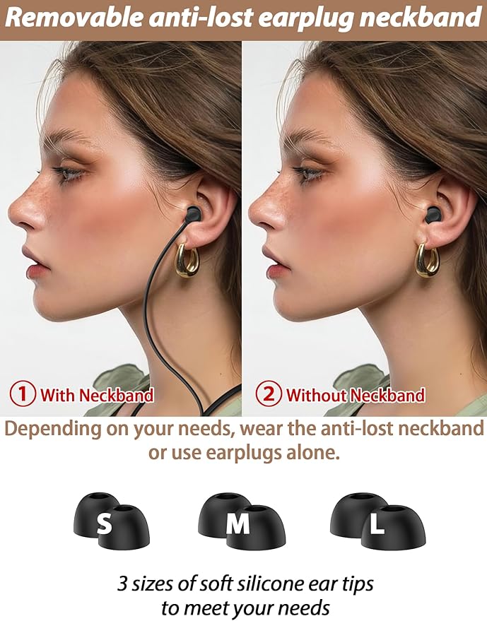 HALLEAST Earplugs for Sleeping and Concert, Noise Reduction, Hearing Protection, with Removable Ear Plug Lanyard, Safety Connector Cord Strap Neckband – SNR 26dB, NRR 14dB, Red