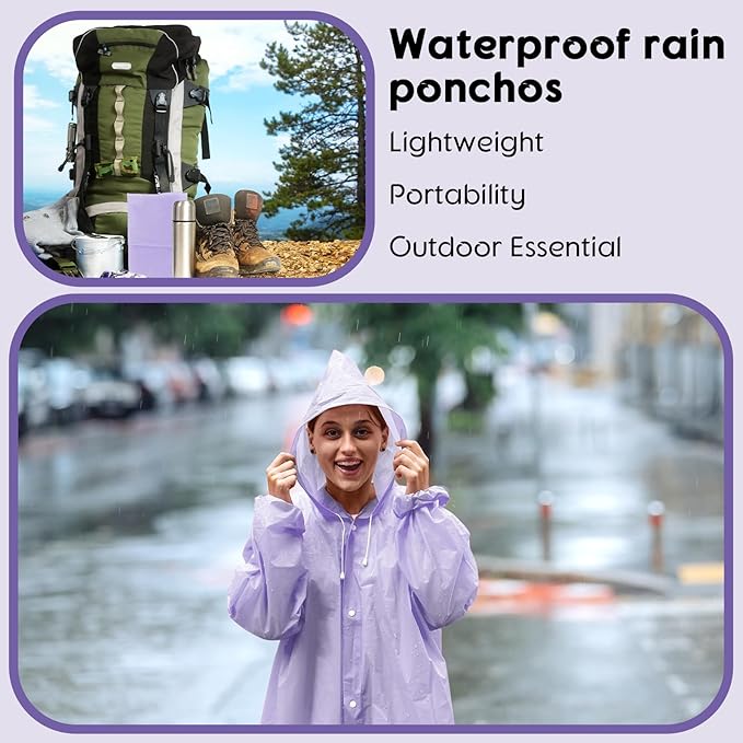 Rain Ponchos for Adults Reusable Rain Coats with Hood and Drawstring Thicken Ponchos Waterproof for Women(Purple)