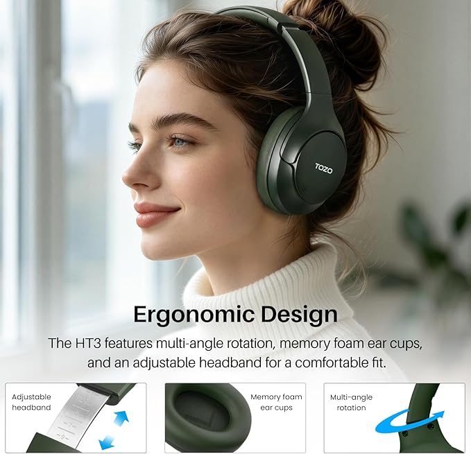 TOZO HT3 Hybrid Noise Cancelling Headphones, 90H Battery Life Wireless Over Ear Bluetooth 6.0 Foldable Headset, AI Voice Assistant with 5 Mics, Connect 2 Devices and Hi-Res Sound, 32 EQ Audio Presets