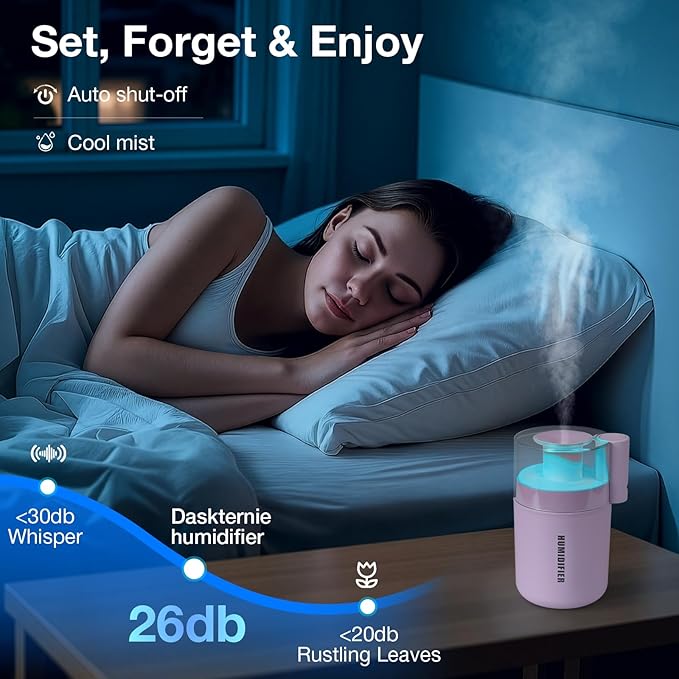 Small Mini Humidifier, USB Desk Cool Mist Humidifier Personal Portable Quiet Table Desktop Humidifiers for Cooling Home Office Car Summer Travel (180ml, Pink)
