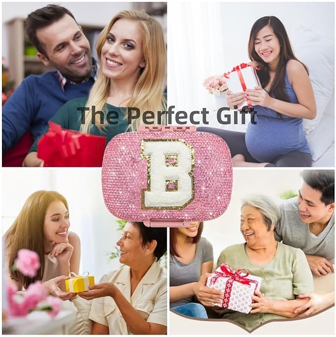 Cute Pill Organizer Small Bling Pill Case for Purse Medicine Vitamin Container Holder Daily Pill Box Container for Women Travel Medicine Kit(Letter B Pink)