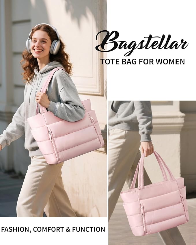 Bagstellar Puffer Tote Bag for Women, Lightweight Puffy Work Handbag Teacher Nurse Quilted Shoulder Bag for School Travel Gym | Cloud Bag w/ Zipper
