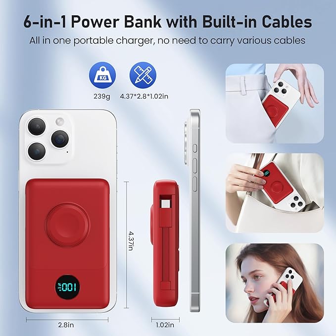 Ekrist Magnetic Portable Charger for MagSafe with Built-in Cable,iWatch Charger,Wireless Power Bank Travel Essentials,25W Fast Charging Battery Pack for iPhone 17/16/15,Apple Watch(Red,10800mAh)