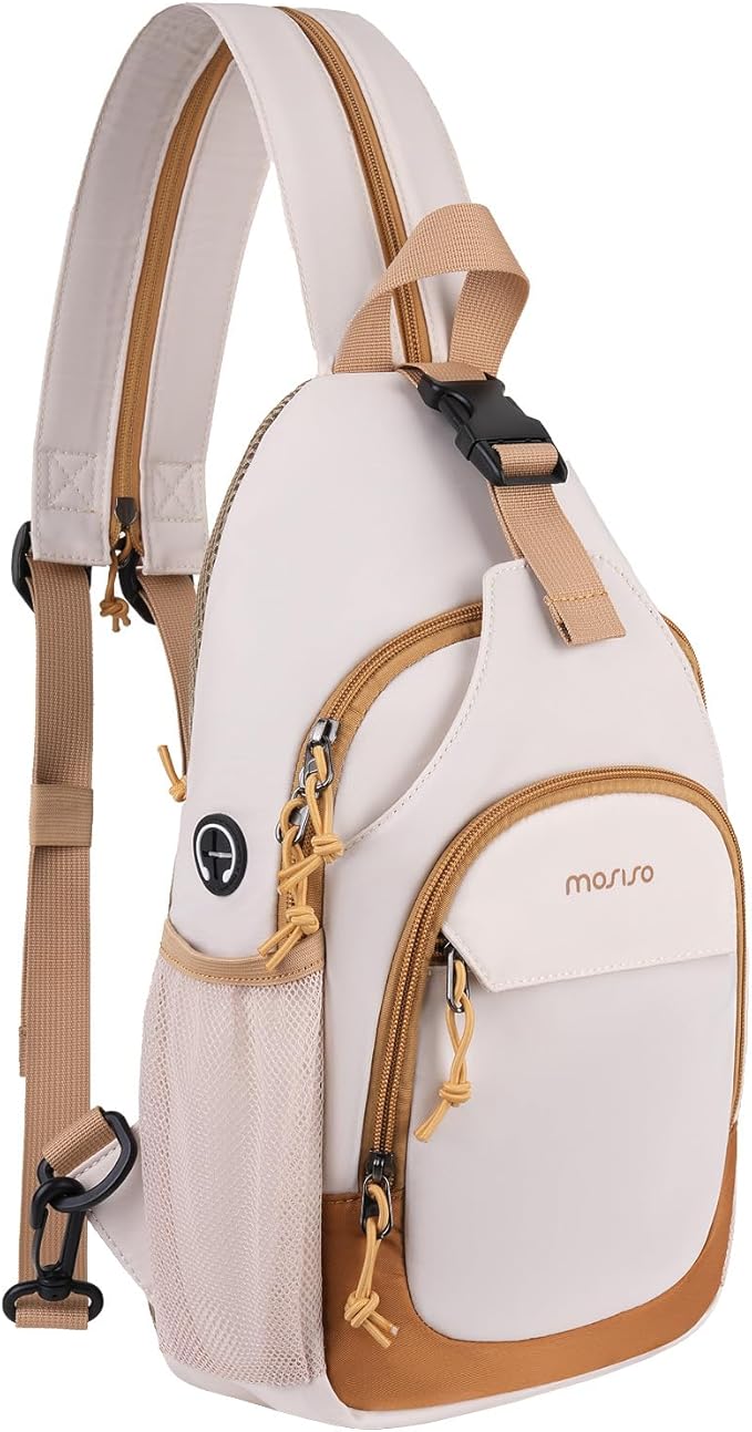 MOSISO Crossbody Sling Bag Small Sling Backpack for Women Men, Chest Bag with Convertible Shoulder Strap&2 Front Pockets for Outdoor Hiking Daypack Travel Casual Commuting, Beige&Khaki