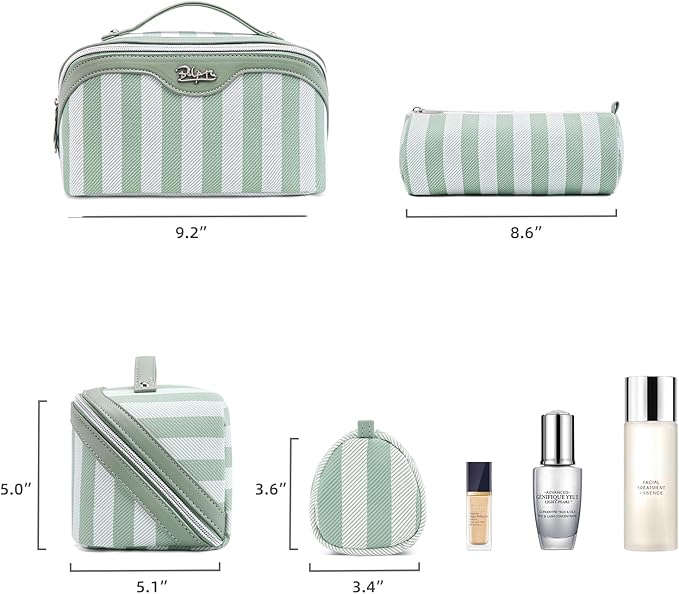 BOYATU Travel Makeup Bag Cosmetic Bag for Women: 3 Pcs Set Striped Make up Bag with Compartments - Waterproof Vegan Leather Toiletry Bag with Handle - Makeup Organizer for Travel Essentials(A-2-Green)
