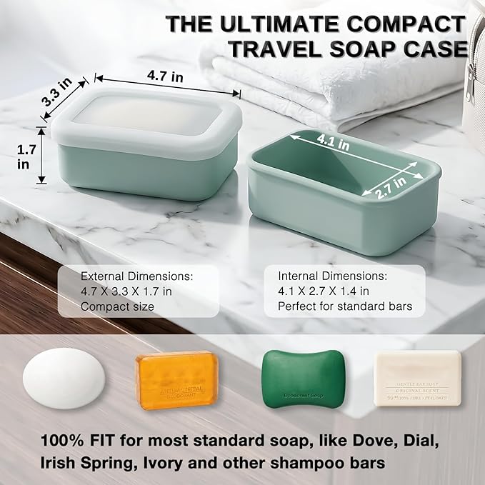 HighHerz Compact Leak Proof Silicone Travel Soap Case with Draining Tray - Portable Bar Soap Container - 2026 Upgrade Travel Essentials for Camping, Gym & Shower (Clear Green)