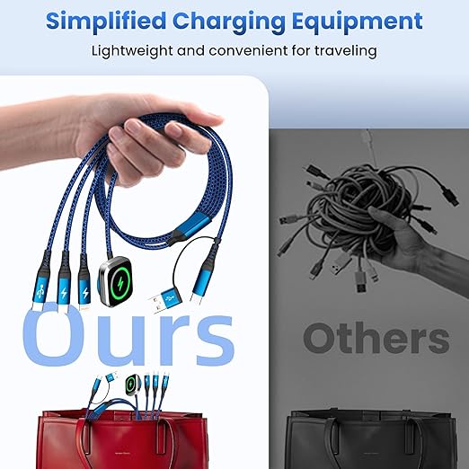 Multi Charging Cable with Dual Type-C Ports, 4 in 2 USB A/C Charing Cord for iWatch Charger/iPhone Charger/L Port, 5FT 2Pack iWatch Cable Travel Essentials for iWatch/iPhone 17-11/Android