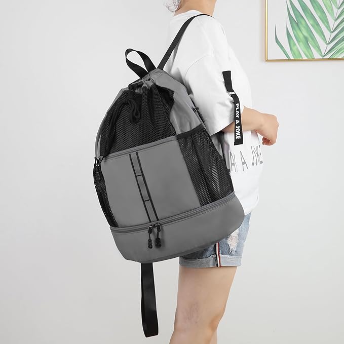 Valleycomfy Drawstring Gym Bag Sports Backpack With Shoe Compartment and Reflective Strips Grey