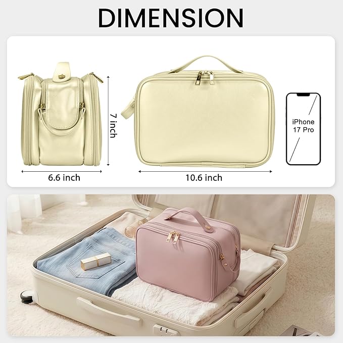 Travel Makeup Bag Women's Large Capacity Cosmetic Portable Organizer Large Opening Waterproof Storage Toiletry Bags Vertical Free-Standing Brush Holder for Easy Access Gold