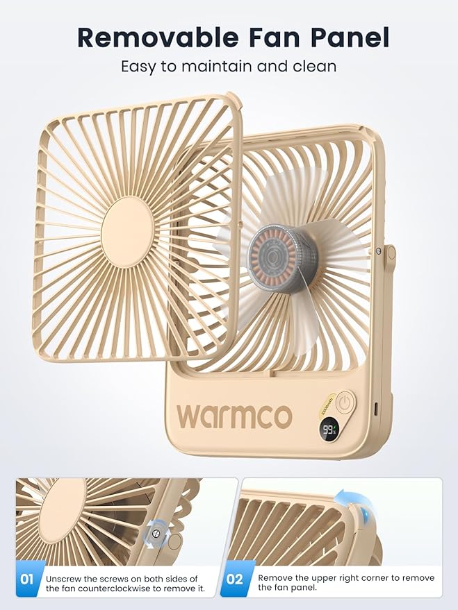 Warmco 10000mAh Portable Travel Fan 7-inch, Up to 24H Runtime, Ultra-thin Quiet Rechargeable Battery Operated Desk Fan with Digital Display for Camping, Office, Bedroom, Cruise Essentials