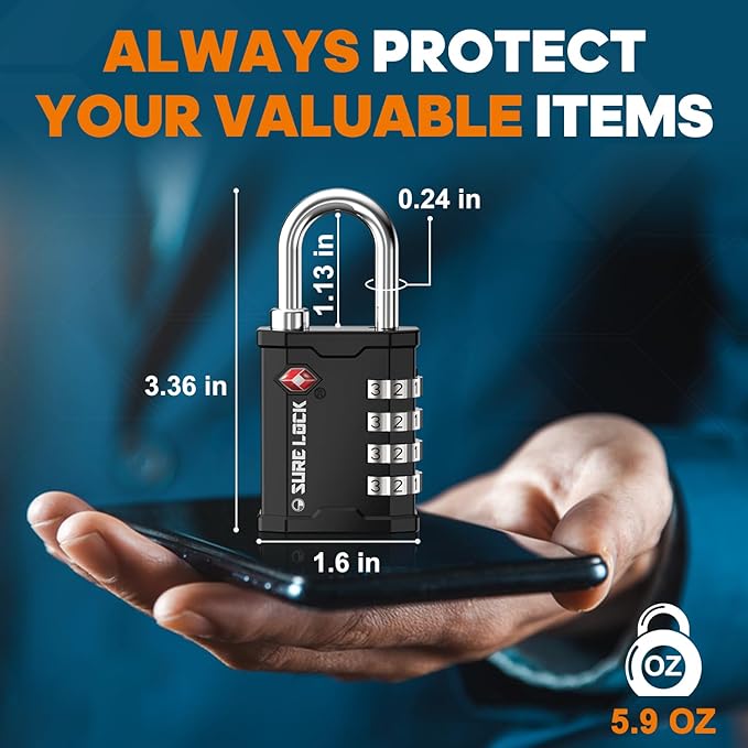 SURE LOCK TSA Approved 4 Digit Combination Lock, Heavy Duty Padlock with Red Dot Indicator for Gun Cases, Pelican Cases, Tool Boxes, Gym Lockers, Storage Units & Outdoor Gates(1,Black)