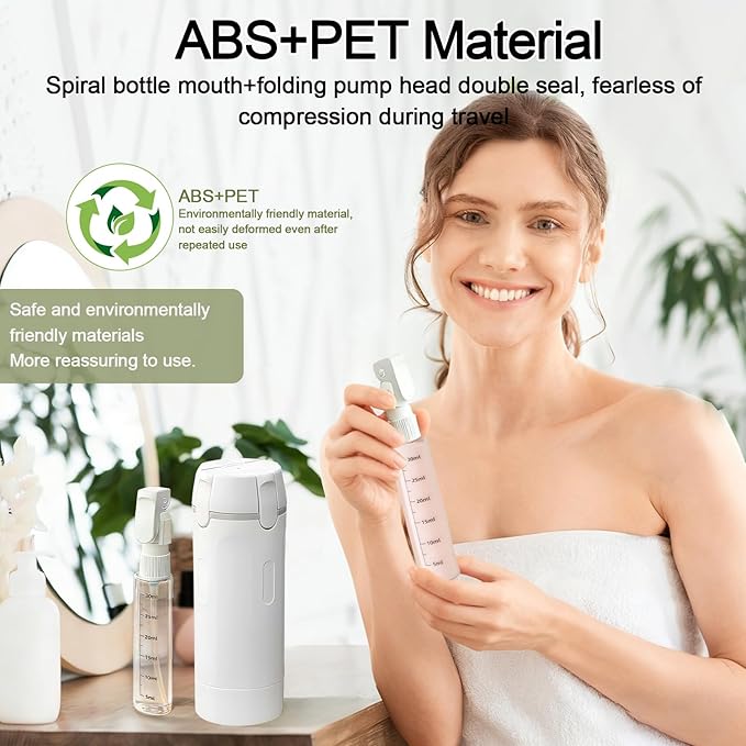 4 in 1 Travel Dispenser Bottles Refillable,Travel Shampoo and Conditioner Bottles,No Spill Space Saving Compact,for Vacation Business Trip(White