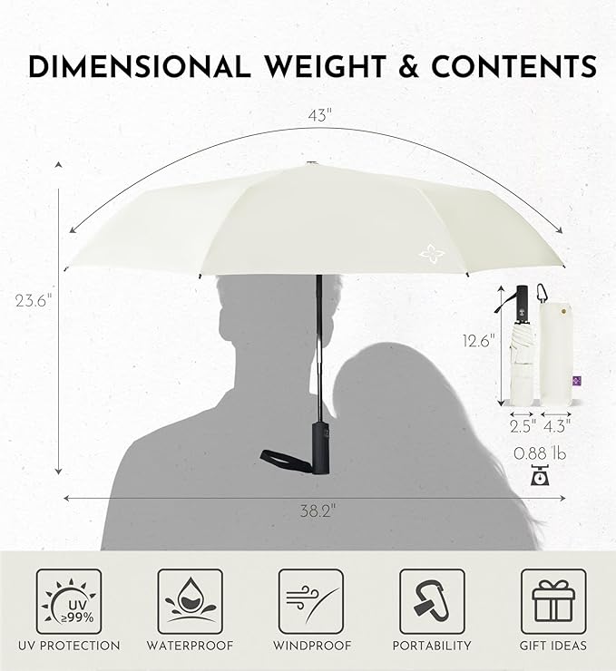 Windproof Travel Umbrella for Rain - 43" Compact Folding Umbrella, Reinforced Strong Frame, Lightweight Portable Parasol with UPF 100+ UV Sun Protection, Cruise Ship Essentials