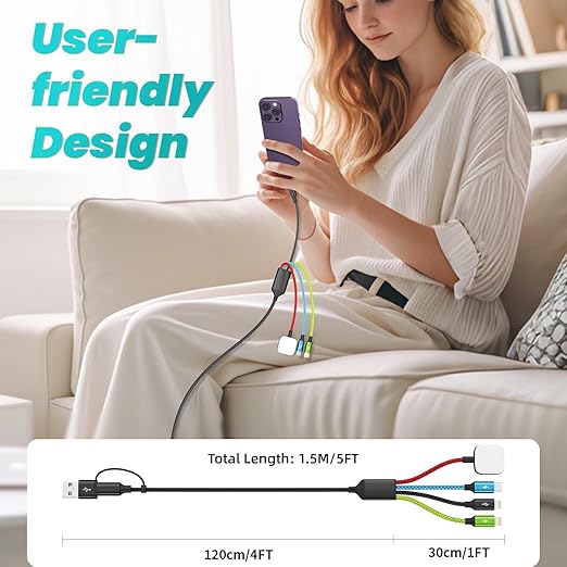Dual IP Port 4 in 2 Multi Charging Cable for iWatch, Car Accessories Charging Cords for Multiple Devices for iWatch Ultra/SE/11-2, iPhone 17-5, Galaxy S25-21, iPad (2PACK 5FT)