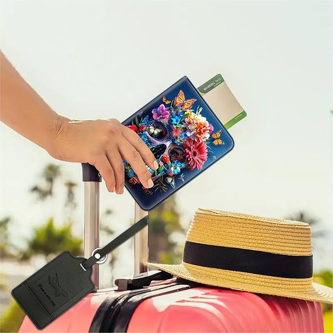 Passport Wallet, Passport Holder with RFID Blocking and Luggage Tag, Waterproof PU Leather Travel Documents Organizer Case, Passport Covers with Card Slot for Women & Men, Flower Butterfly Skull