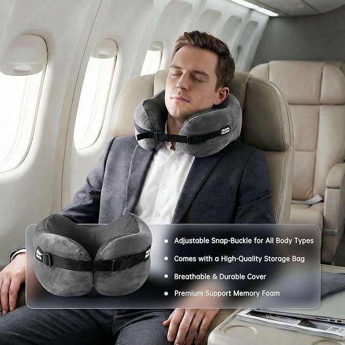 Neck Pillow Travel Pillow - 100% Pure Memory Foam Airplane Pillow with Adjustable Clasp & Removable Cover, Portable Travel Essentials for Long Flights, Car & Office (Dark Gray, with Eye Mask)