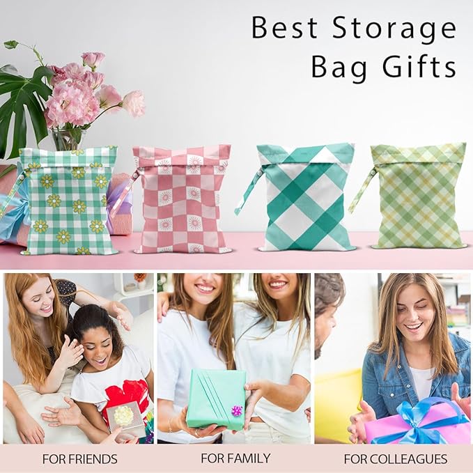 Wet Bag, 4Pcs Wet Dry Bag Set, Reusable Waterproof Bags with Retro Plaid Prints for Women, Great for Beach Getaways, Pool Visits & Travel Needs