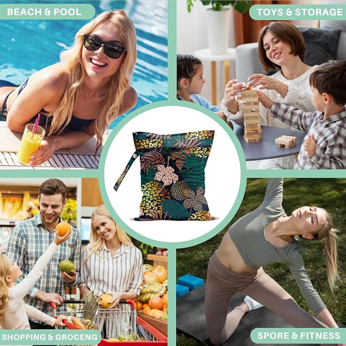 Palm Leaves Wet Bag Green Summer Waterproof Travel Laundry Bags, Washable Reusable Wet Dry Bag for Swimsuit Beach Diapers Dirty Yoga Gym Clothes, Plant Gifts for Women Friend