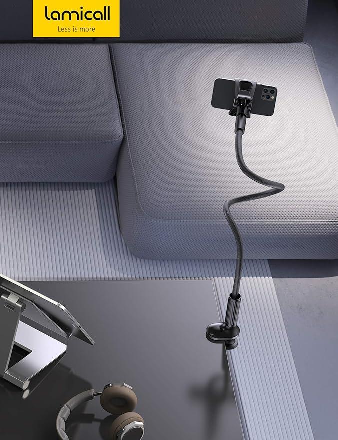 Lamicall Gooseneck Phone Holder for Bed - Overall Length 38.6in, Flexible Leather Wrapped Arm, 360 Adjustable Clamp Clip, Overhead Cell Phone Mount Stand for Desk, Compatible with All Cellphone (4-7”)