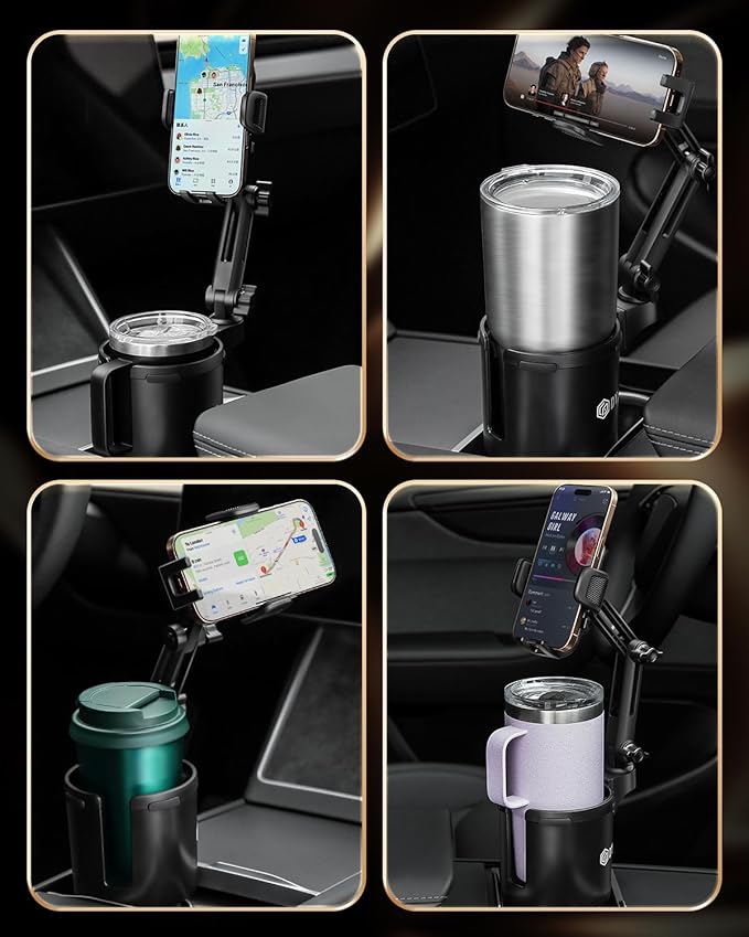 DYLEN Cup Holder Phone Holder for Car, 2 in 1 Cup Holder Phone Mount with Adjustable Base, Long-Arm Supports 360° Rotation, Car Phone Holder Compatible with All Phones| Anti-Slip&No Shake Design