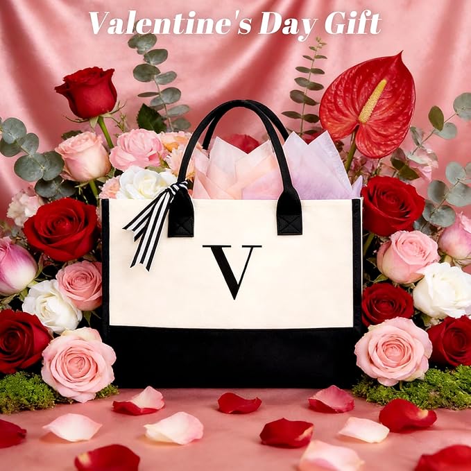 BAGAIL Initial Tote Bag, Personalized Birthday Gifts for Women, Teacher, Friends, Mom, Wedding, Monogrammed Beach Bag