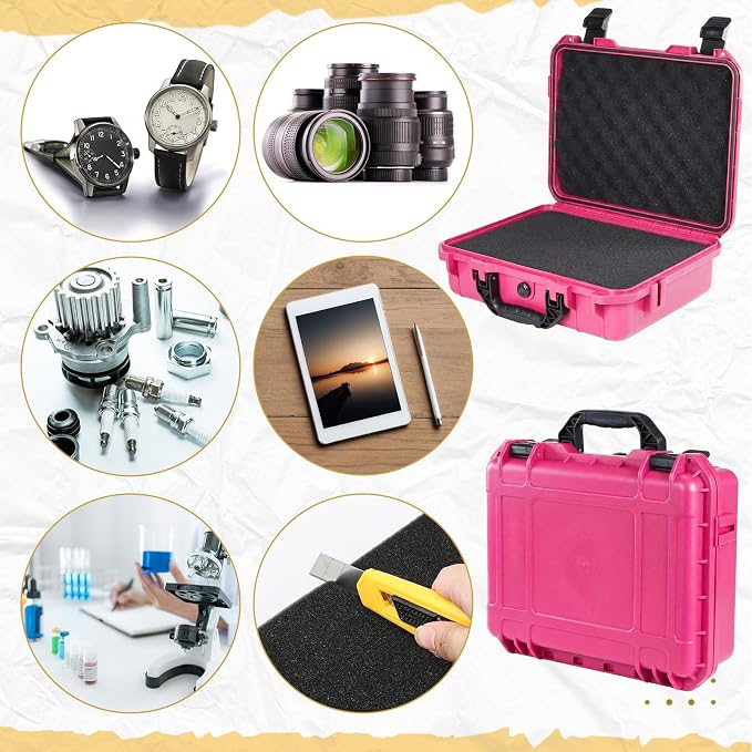 Relaxweex 1 Pcs 11.3 x 8.6 x 4.2 Inch Waterproof Hard Case with DIY Customizable Foam Insert Portable Protective Case with Knife for Camera Drones Equipments Tools Test Instruments(Rose Red)