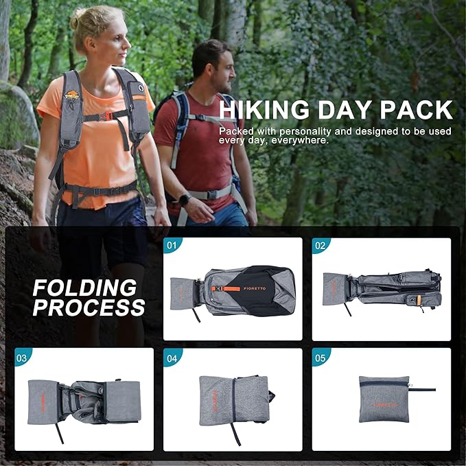 FIORETTO 20L Hiking Backpack for Women Men Mini Packable Backpack Lightweight Small Daypack for Camping Travel Outdoor, Grey and Black