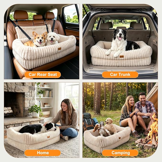 Pawaboo Dog Car Seat, Dog Booster Car Seats with Memory Foam, Thickened Cushion & Washable Removable Cover, Pet Travel Carseat Bed with Safety Leashes for Medium/Large Dogs or 2 Small Dogs, Beige