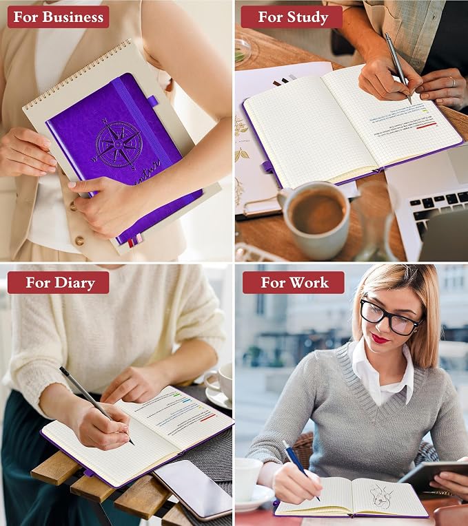 PAIBAS Graph Notebook for Women Men, 160 Pages Grid Paper, Graphing Notebooks for School, Work, Quad Ruled, Inner Pocket, A5 Hardcover Vintage Leather Journals for Writing, 5.8"x8.5" (Purple)