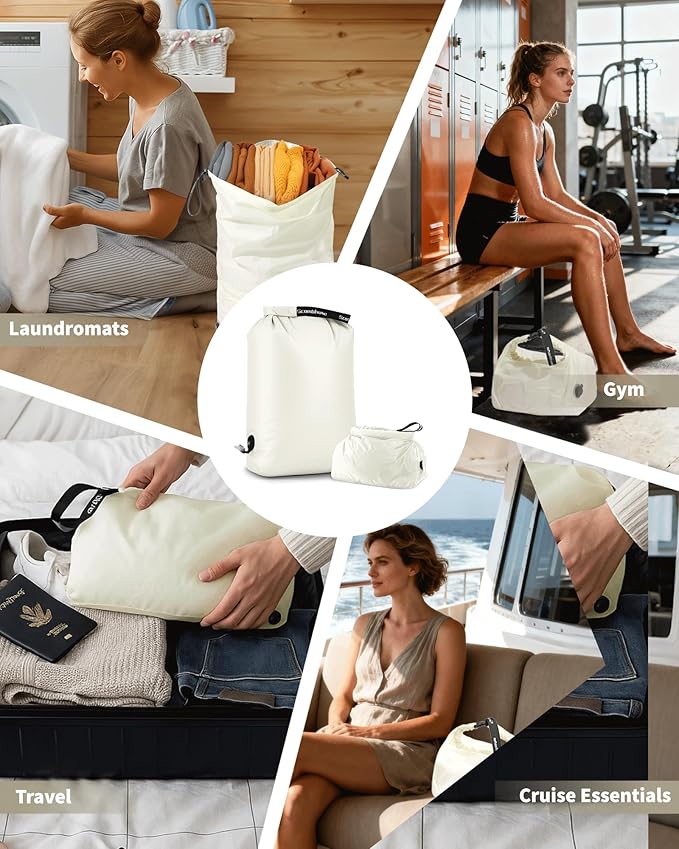 Travel Compression Laundry Bag for Dirty Clothes, Pump-Free Vacuum Space Saver Bag, Reusable Waterproof Wet Dry Bag, Travel Laundry Bag for Luggage, Packing, Suitcase (1 Pcs)(White, L)