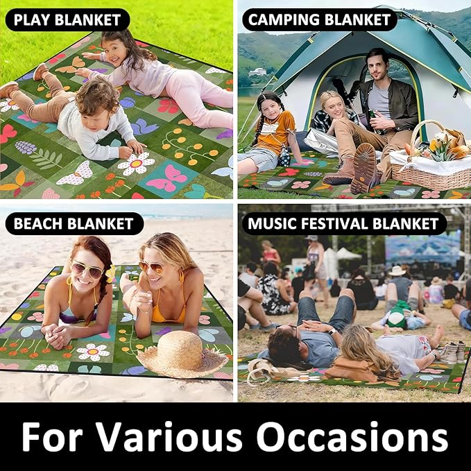 Floral Picnic Blankets Waterproof Foldable, 60″X80″ Packable Picnic Mat Butterfly Outdoor Blanket for Grass, Large Beach Blanket Sandproof Picnic Accessories for Camping Music Festival Park Lawn Party