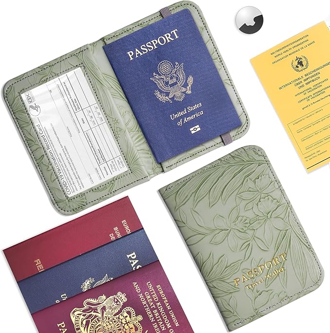 lizimandu Passport Holder with Airtag Slot, Airtag Passport Wallet for Men Women, Slim Leather Passport Holder Case Family for Travel Anti-Lost(1-Carved Green)