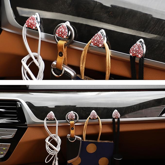 TOMALL Bling Car Hooks 4pcs Heart Shape Accessories Cute Dashboard Hook for Keys Charging Cable Multifunctional Hanging Storage Hook Universal Diamond Accessories for Car for Home DIY Decoration(Red)