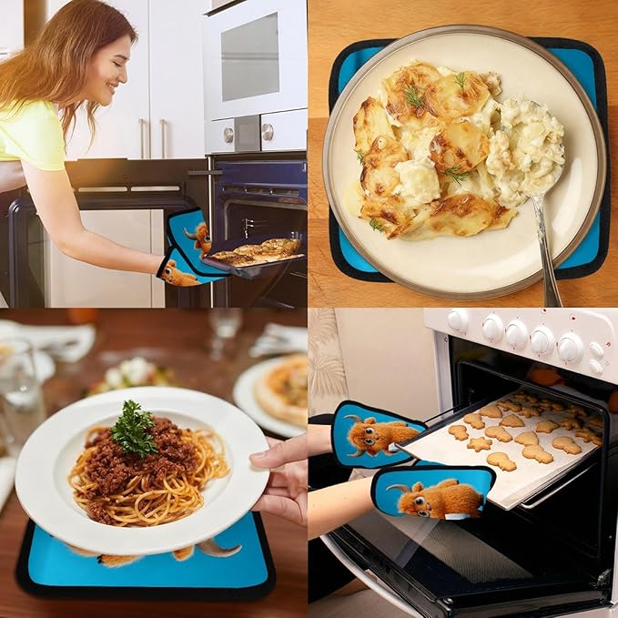 Modern Blue and Cute Highland Cows Pot Holders with Pockets 2 PCS, Heat Resistant Oven Mitts Hot Pads for Kitchen Baking Cooking, Square Thick Pot Holders Kitchen Hot Potholders, 8.5x10 Inches