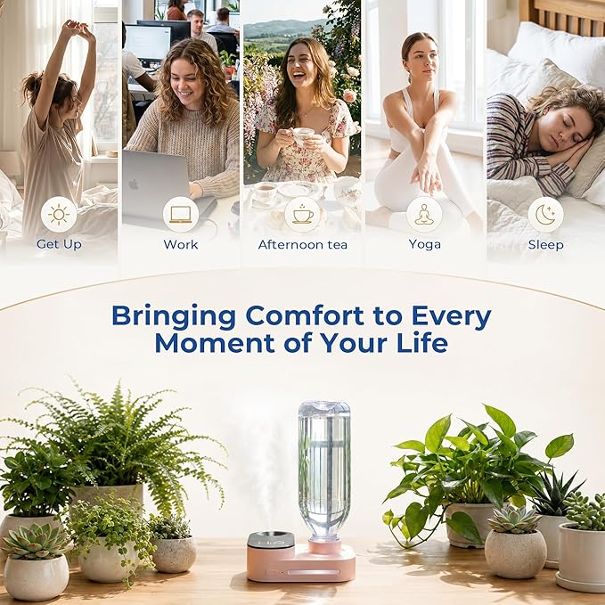 Travel Humidifier, Portable Mini Cool Mist Humidifier, Small Bottle Humidifier with Auto Shut-Off, Night Light, USB Rechargeable, for Bedroom, Office, Hotel, Car and Plants, Pink