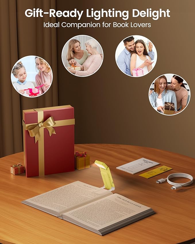 Glocusent 12 LED Rechargeable Book Light, Clip-on Reading Light with 5 Colors & 5 Brightness Levels, Up to 100Hrs Runtime, Eye-Caring Reading Lights for Books in Bed, Perfect for Book Lovers, Kids