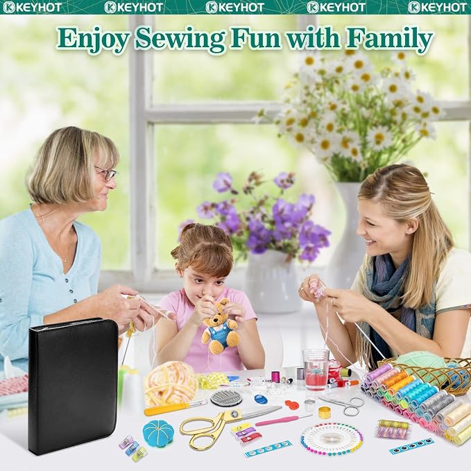 KEYHOT Sewing kit Basic,Needle and Thread Kit,Travel Small Sewing Machine Supplies for Adults Beginners Men, Home Travel Emergency Including Scissors Measure Tape Needle Threader (203pcs)