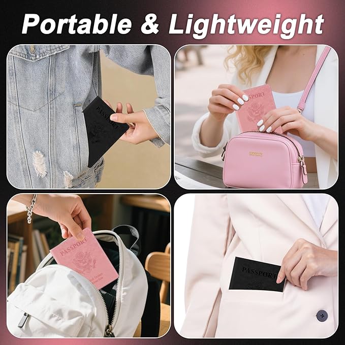Black and Pink Passport Holder for Travel, 2 PCS Passport Holder, Travel Passport Holders Must Haves for Women Men, Passport Cover Passport Wallet Case Holders for Travels Cruise Ship Essentials Gifts